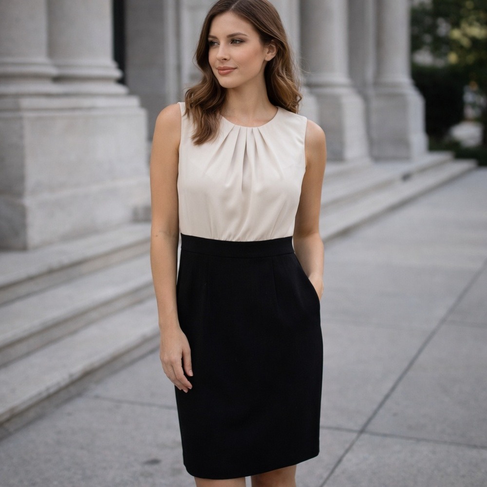 D21 Banana Republic Black Sleeveless Dress Cream Pleated Bodice Work Office S